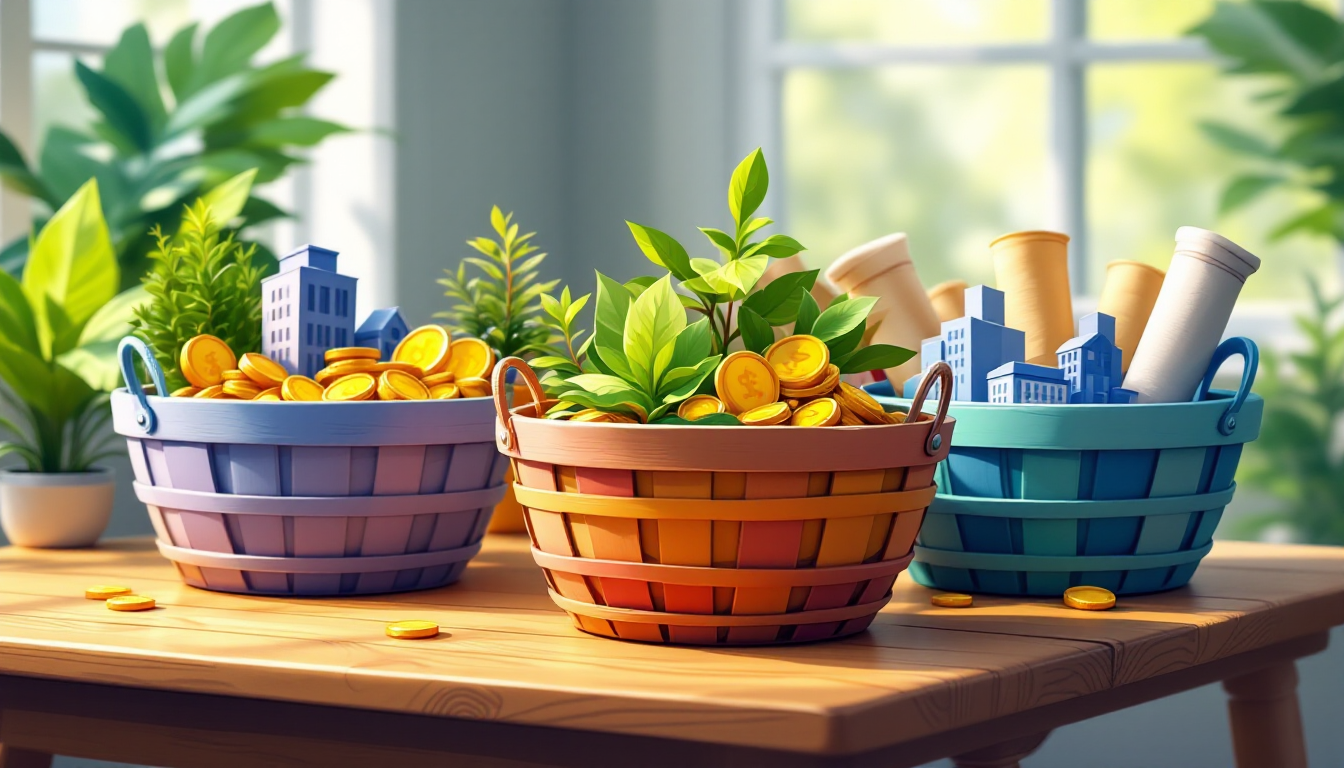 Разнообразные корзины с символами активов на столе, иллюстрирующие диверсификацию инвестиций.