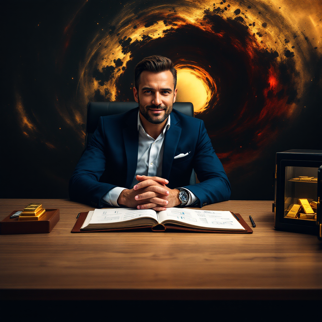 Опытный трейдер за рабочим столом с дневником и копилкой, символизирующими планирование и контроль рисков на фоне рыночной нестабильности.