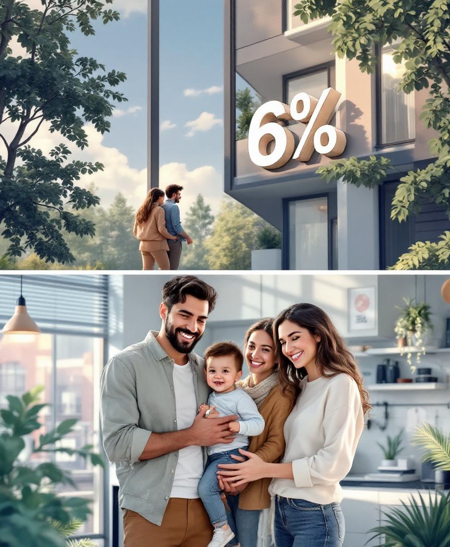 Счастливая семья перед новым домом и IT-специалист в офисе, символизирующие льготные ипотечные программы.