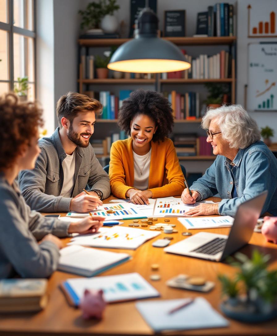 Группа людей изучает основы инвестирования за столом с книгами и графиками.