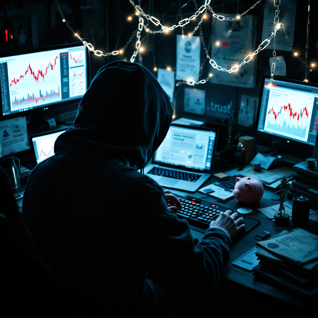 Анонимная фигура за компьютером в темной комнате, символизирующая интернет-мошенничество с элементами обмана и финансовых потерь.