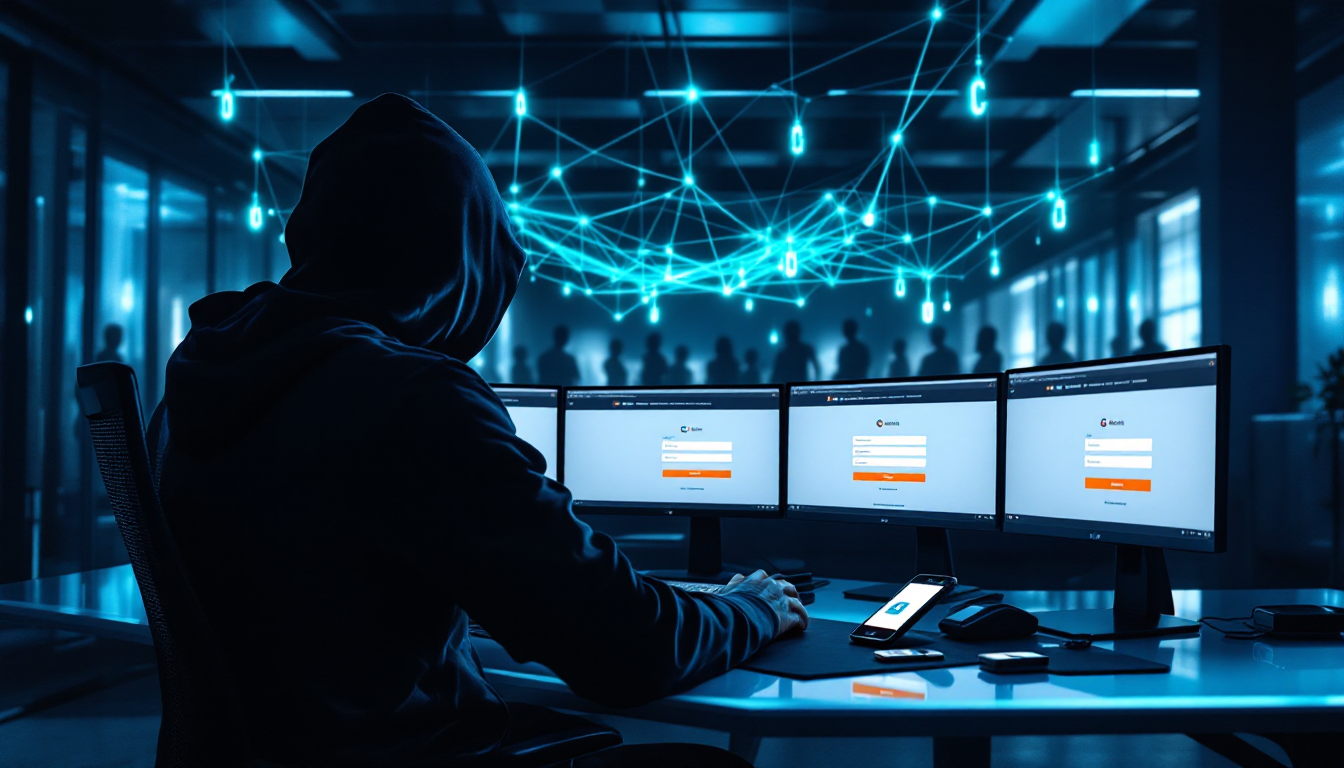 Тёмная фигура за компьютером с поддельными платежными страницами и цифровой рыболовной сетью, символизирующая фишинговую атаку.