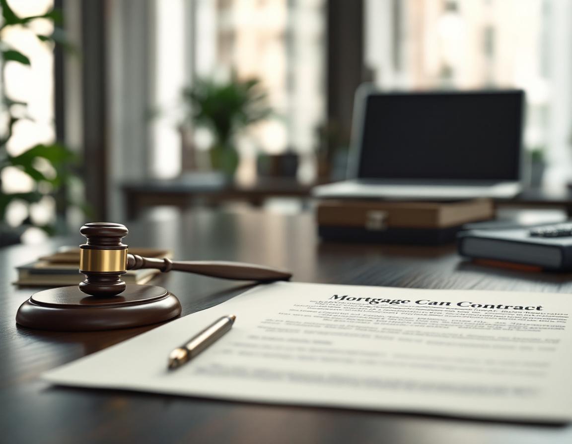 Юридический стол с договором ипотеки, символизирующий важность правовых аспектов кредитования