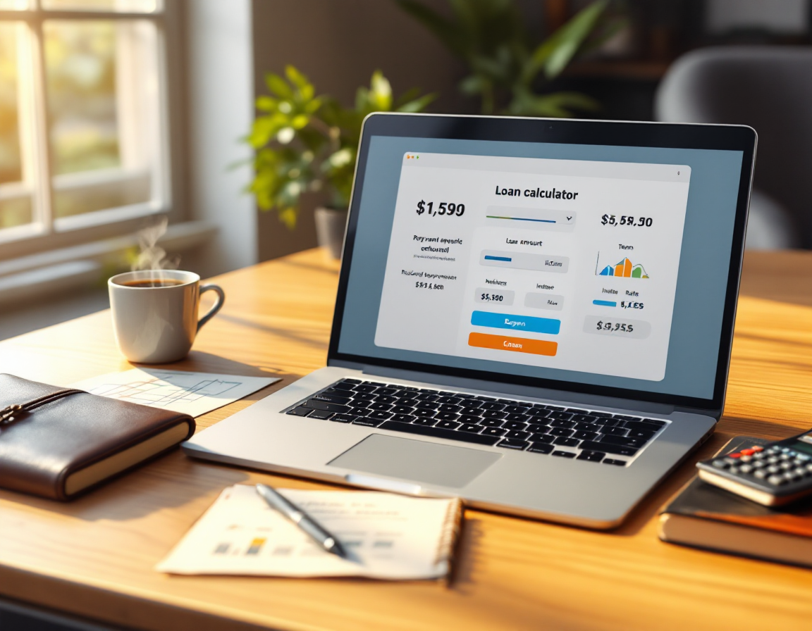 Ноутбук с кредитным калькулятором на столе в домашнем офисе, демонстрирующий графики изменения выплат при досрочном погашении