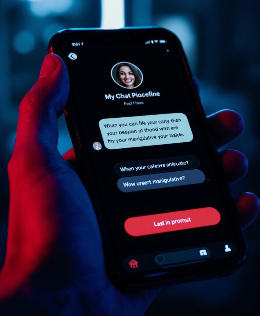 Смартфон с обманчивым чатом в тёмной комнате, символизирующий угрозу социальной инженерии.