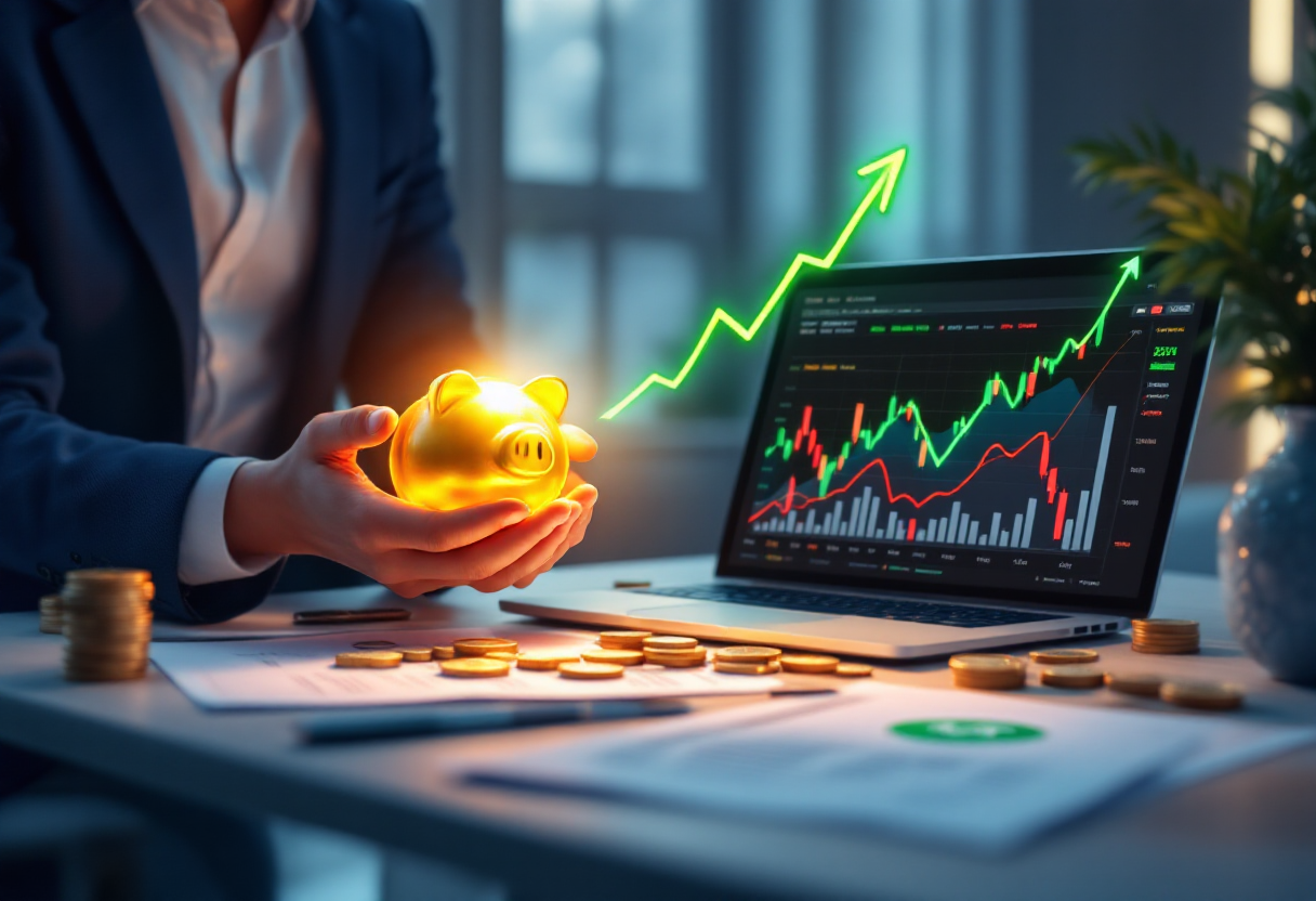 Инвестор с копилкой и графиками роста, символизирующими налоговый вычет