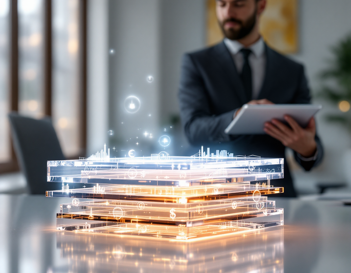 Прозрачная книга с подсвеченными страницами, символизирующая формирование кредитной истории в современном офисе.