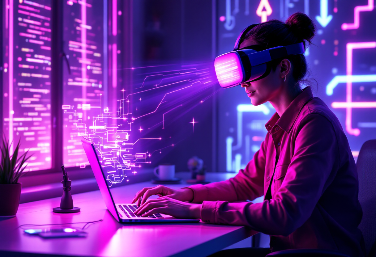 Человек за ноутбуком с символами защиты от фишинга и шифрования данных.