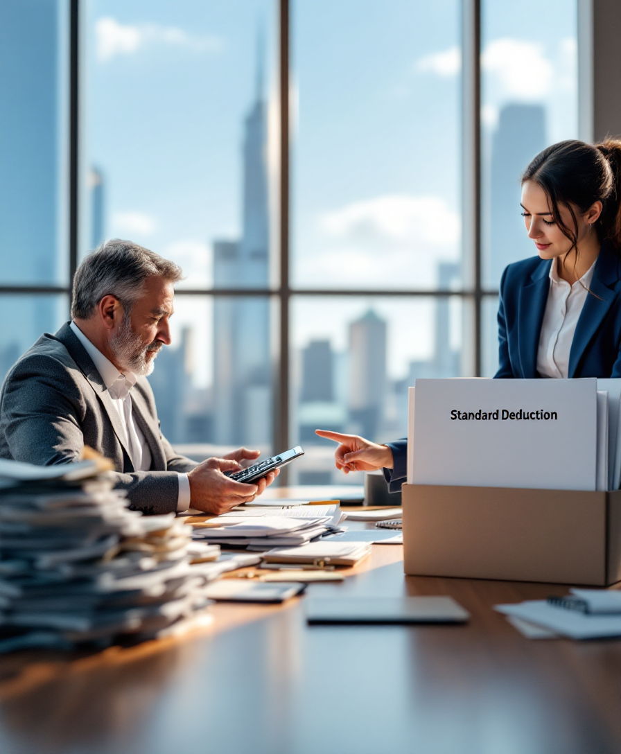 Финансовый консультант сравнивает варианты налоговых вычетов на столе в офисе.