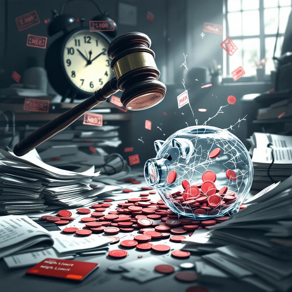 Символическое изображение причин ухудшения кредитной истории с треснутой копилкой, неоплаченными счетами и другими финансовыми проблемами.