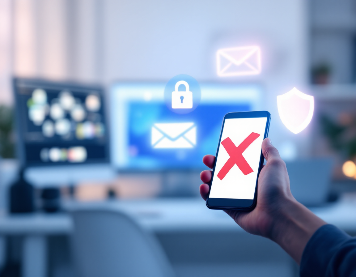 Рука блокирует подозрительное письмо на смартфоне, символизируя защиту от мошенничества.