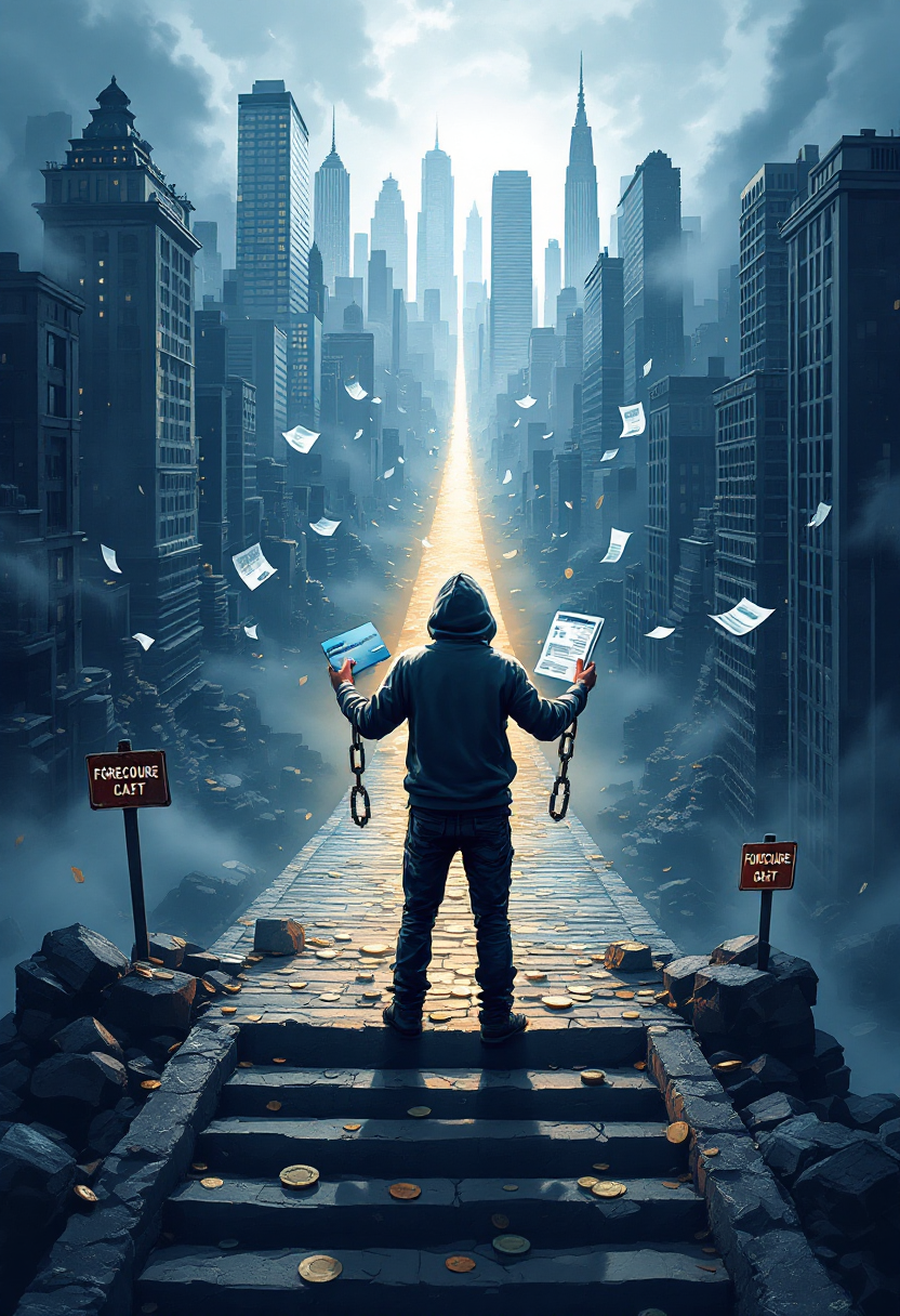 Человек на распутье с финансовыми документами, символизирующий ошибки заемщиков