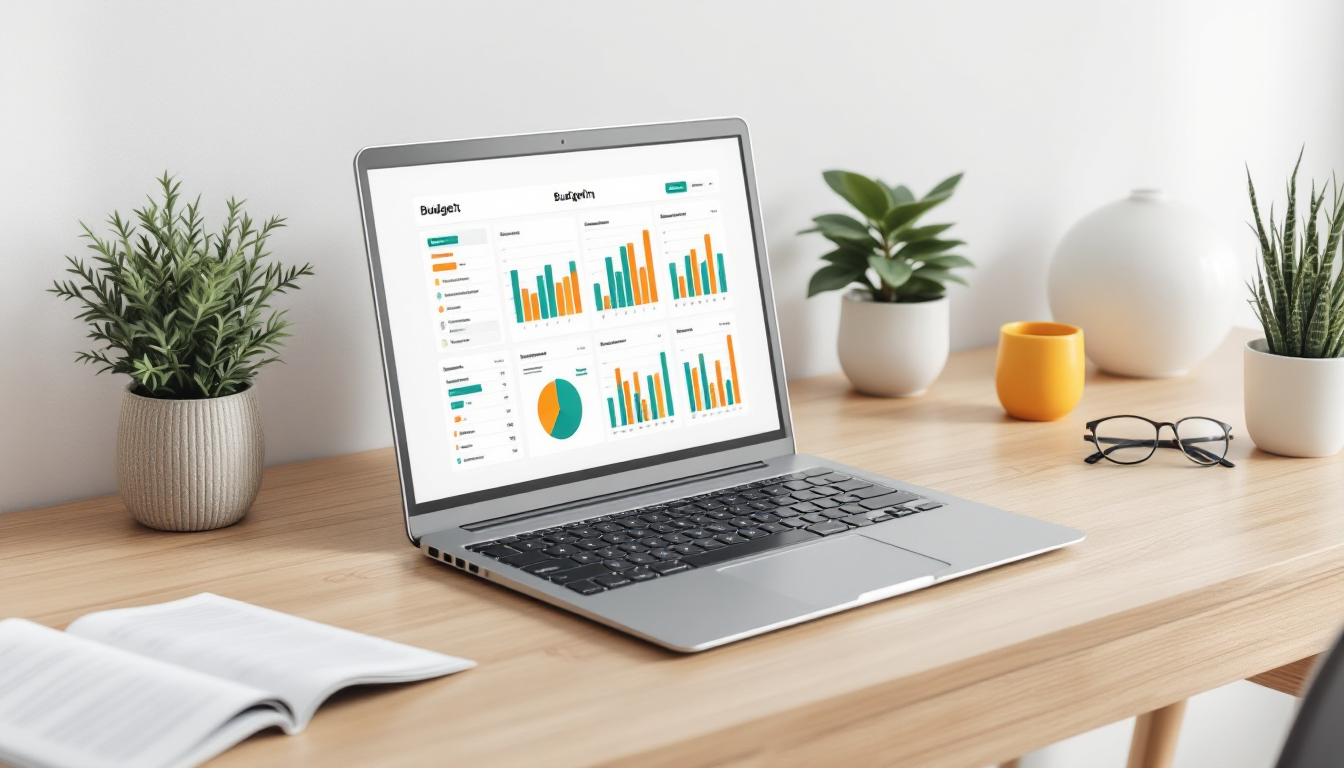 Организованный рабочий стол с ноутбуком, показывающим финансовые графики, символизирующий стабильность и планирование бюджета.
