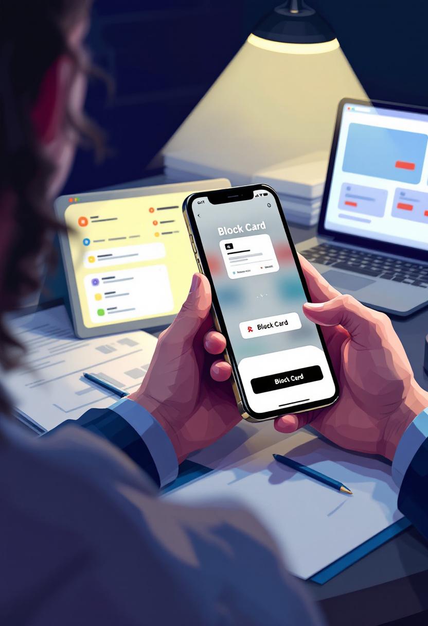 Руки человека срочно блокируют карту в банковском приложении на фоне подозрительных уведомлений