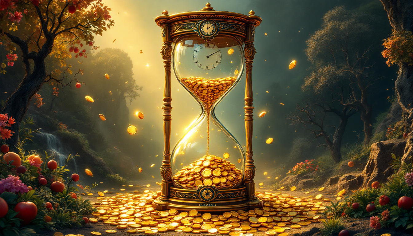 Час с золотыми монетами, символизирующий влияние сроков на доходность, с контрастными пейзажами по бокам