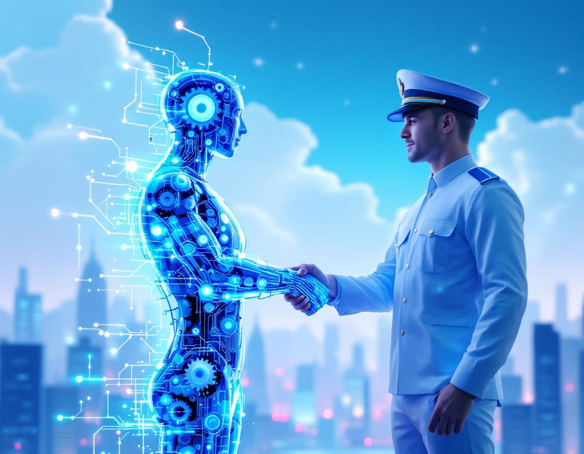 Символическое изображение взаимодействия человека с правоохранительными органами в виде прозрачной фигуры с механизмами и голографического сотрудника на фоне абстрактного города.