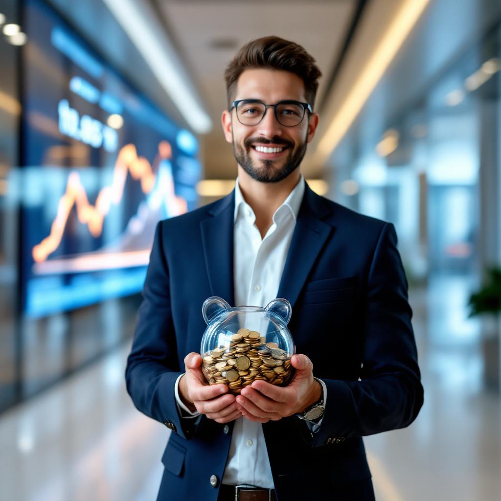 Человек с копилкой в банке, символизирующий улучшение кредитной истории