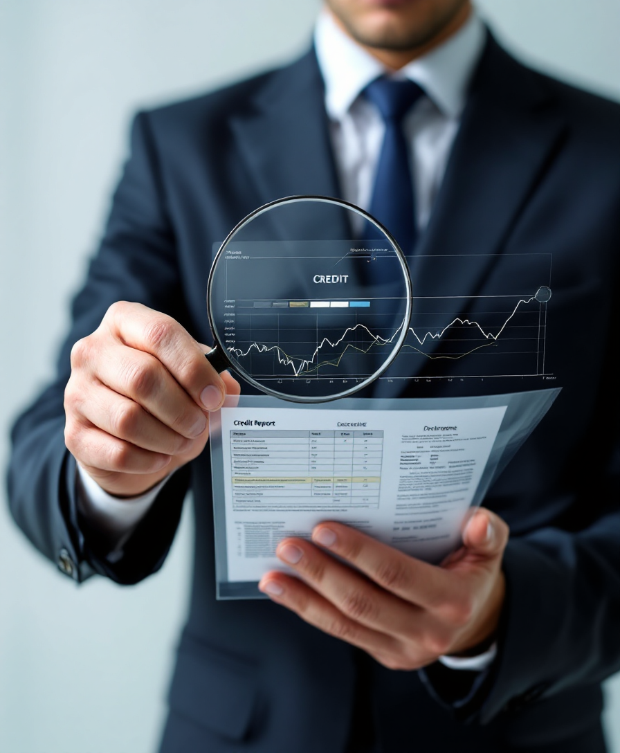 Человек изучает кредитный отчет с лупой в офисе, символизируя защиту прав заемщиков.