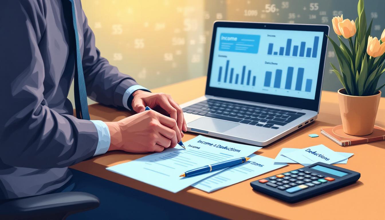 Человек за рабочим столом рассчитывает налоговый вычет с помощью документов и калькулятора.
