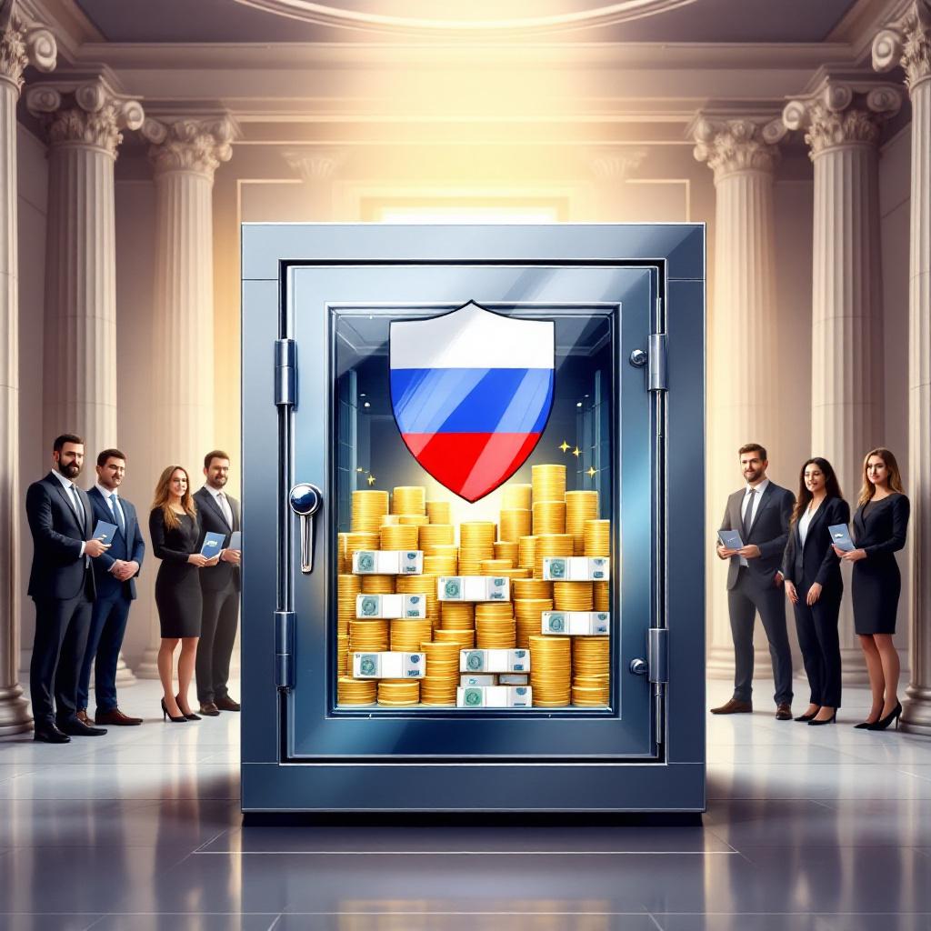 Символическое изображение защищённого банковского вклада под щитом с российским флагом, представляющее правовые гарантии для иностранных граждан.
