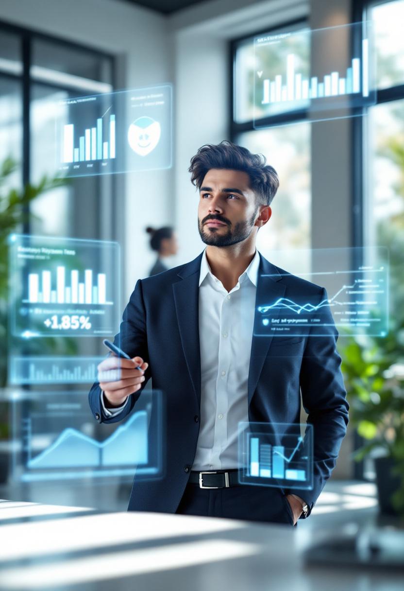 Человек анализирует финансовые предложения банков с помощью голографических экранов в офисе.