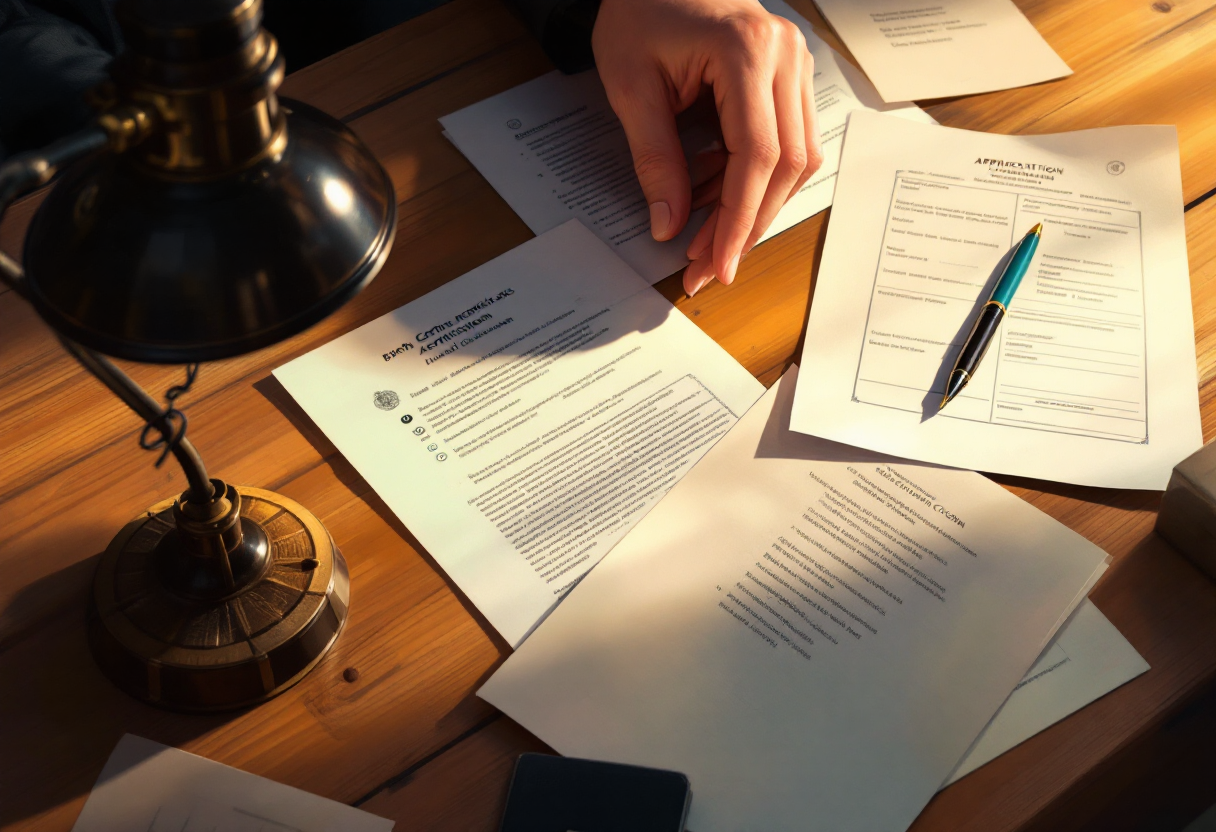 Руки человека упорядочивают документы на столе при мягком свете.