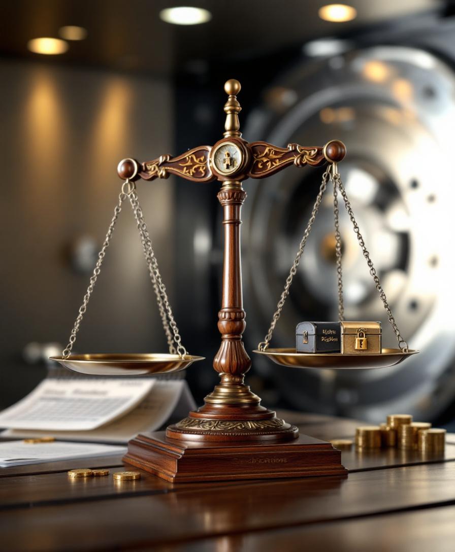 Символическое изображение сбалансированных весов в банковском хранилище, представляющих права и обязанности по договору вклада.