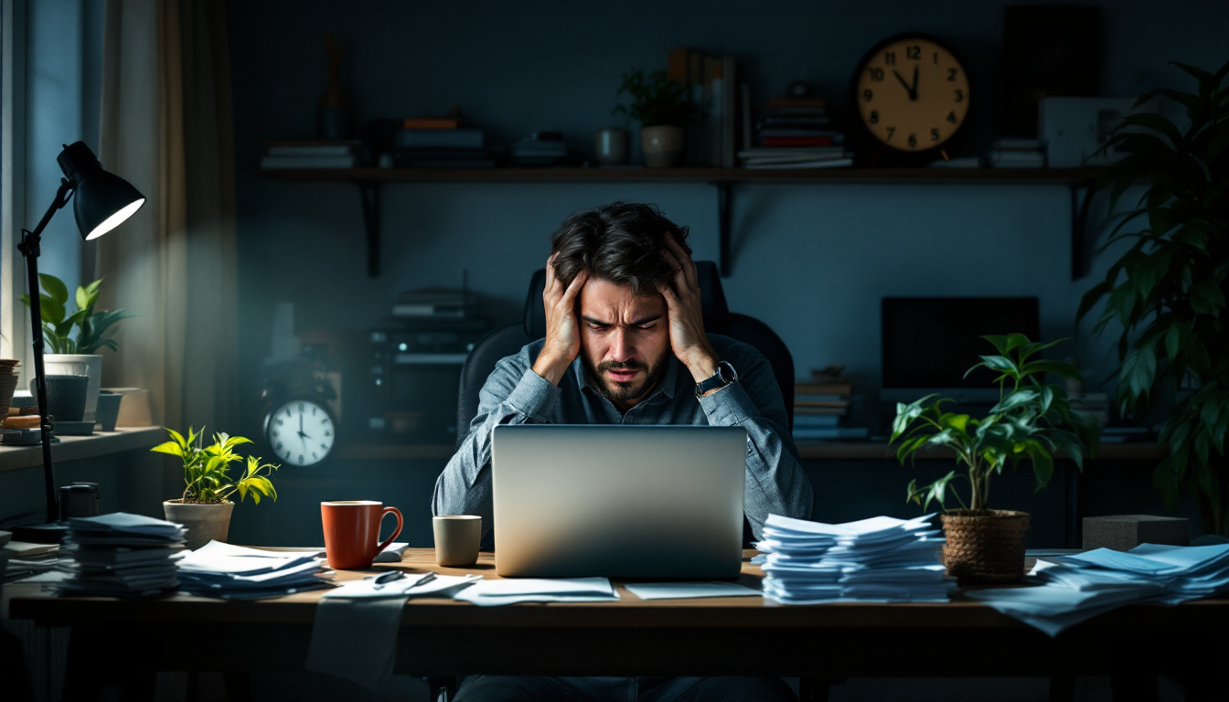 Человек в стрессе из-за финансовых проблем в домашнем офисе