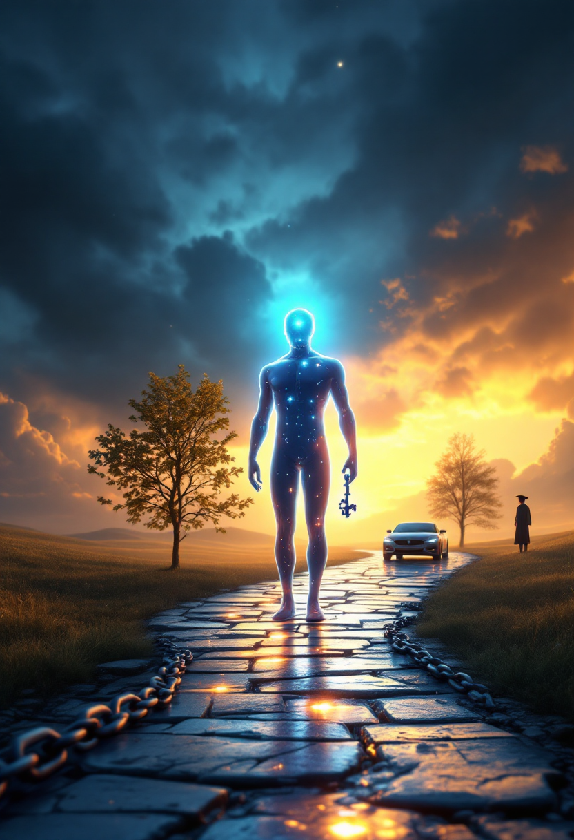 Символическое изображение человека на перепутье с ключом, символизирующим доступ к кредитам при проблемной истории.