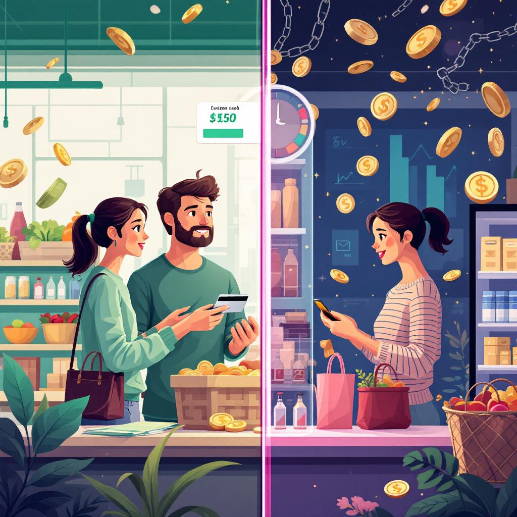 Иллюстрация, показывающая разницу между использованием дебетовой и кредитной карт: слева — покупка с собственными средствами, справа — покупка с заёмными средствами.