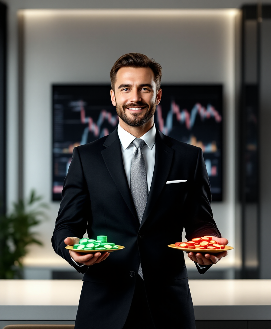 Финансовый консультант держит весы с прибылями и убытками, символизируя сальдирование для снижения налогов.