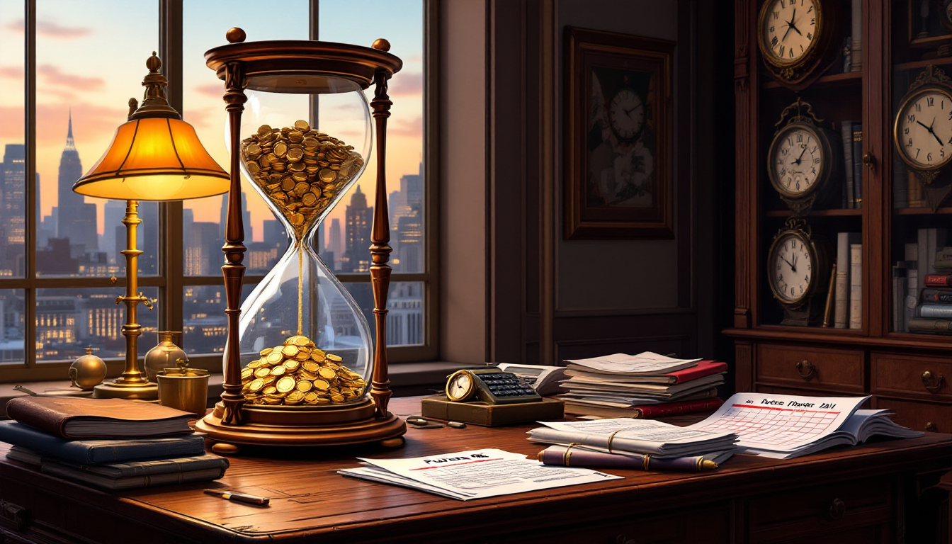 Символическое изображение отсрочки налоговых обязательств с песочными часами и финансовыми атрибутами