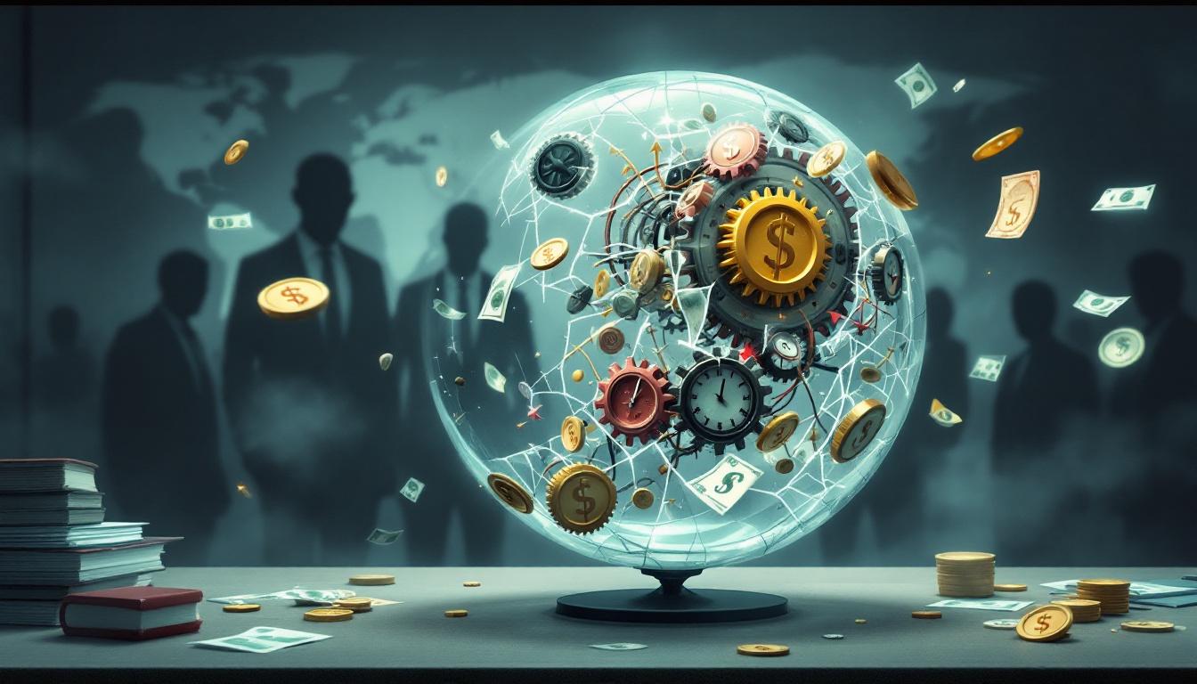 Глобус с внутренними скрытыми расходами: монеты, стрелки обменных курсов и символы комиссий в хаотичном движении.