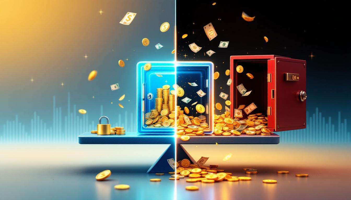 Концептуальная иллюстрация, показывающая разницу между блокировкой и списанием средств с помощью двух половин: заблокированные деньги в запертом сейфе и списанные деньги, утекающие в пустоту.