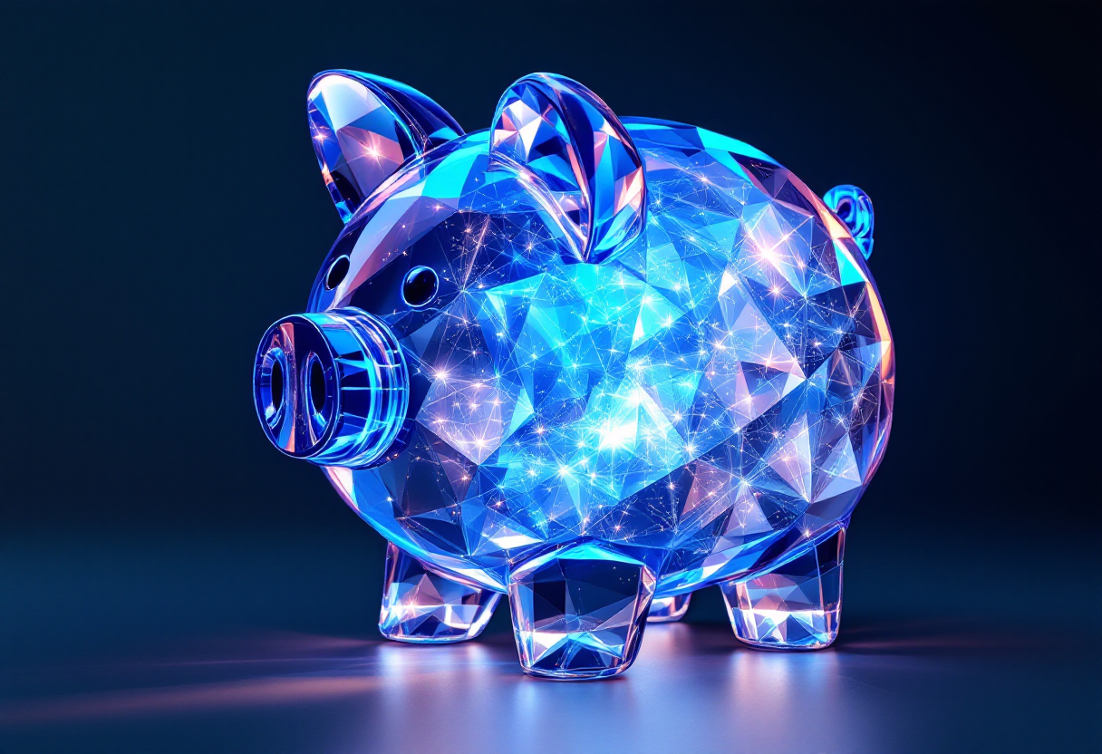 Прозрачная копилка с финансовыми элементами внутри на столе в современном офисе, символизирующая индивидуальный инвестиционный счёт.