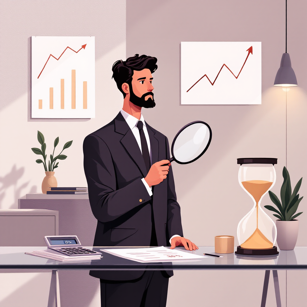 Человек анализирует финансовые параметры кредита в офисе с символами процентных ставок.