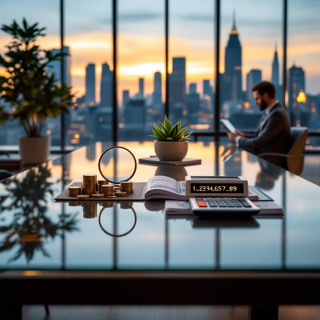 Офис с символами налогового планирования: монеты, лупа, калькулятор и графики на планшете.