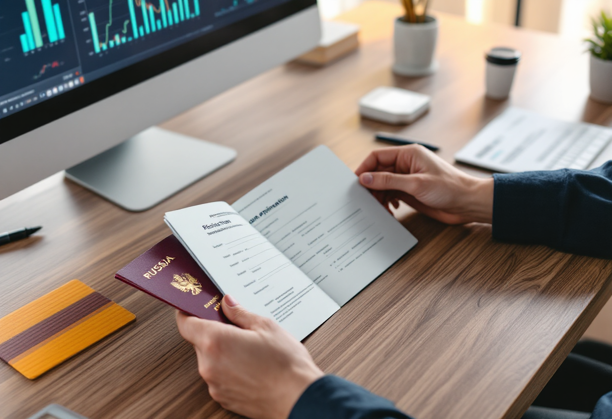 Руки держат паспорт, водительские права и анкету на столе в офисе банка