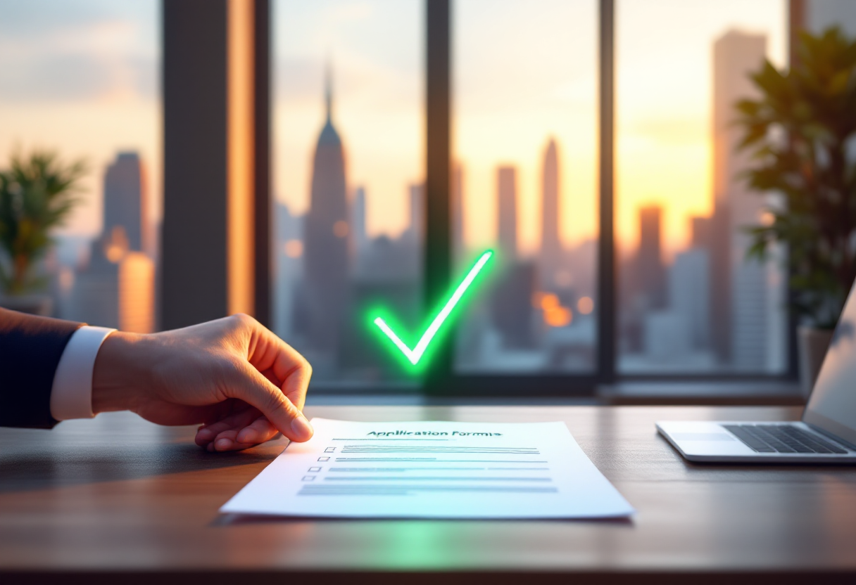 Рука уверенно кладёт заявку на стол с появляющейся зелёной галочкой одобрения в офисе