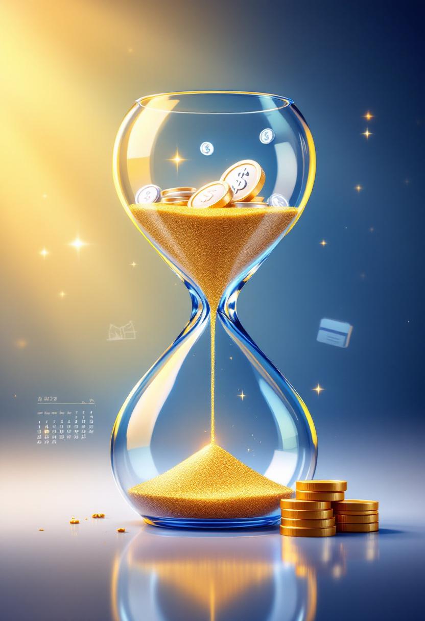 Песочные часы с золотым песком, символизирующие беспроцентный период кредитования, где верхняя часть заполнена монетами, а нижняя чиста, на фоне меняющегося времени.