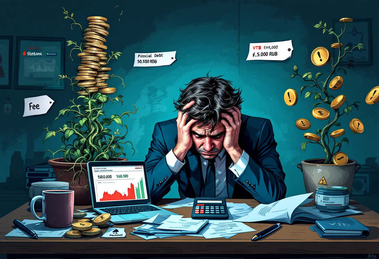 Иллюстрация человека за рабочим столом с символами задолженности по кредитной карте.