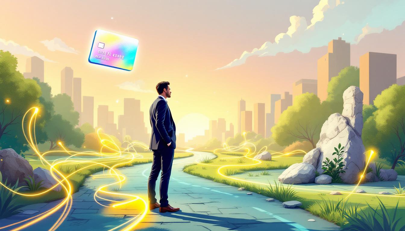 Иллюстрация финансовых инструментов: гибкая кредитная карта и стабильная дебетовая карта на перепутье.