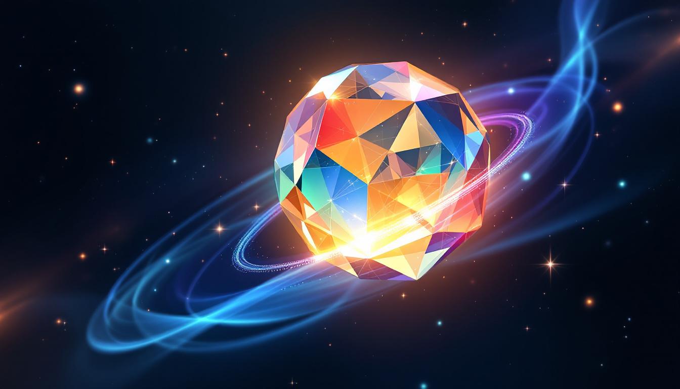 Прозрачный кристаллический шар с разноцветными светящимися гранями, символизирующий эффективную процентную ставку в абстрактной финансовой среде.