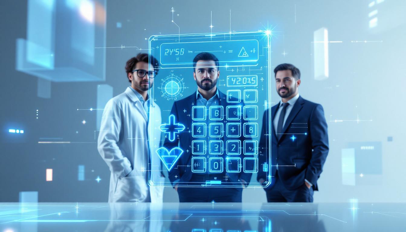 Прозрачный калькулятор с цифрами и символами в окружении людей разных профессий, наблюдающих за расчётами в современной обстановке.