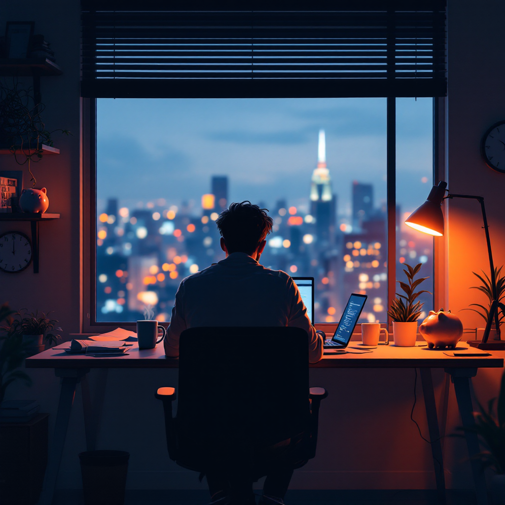 Фрилансер за работой дома с символами вызовов: юридические документы, финансовая нестабильность и нехватка времени.