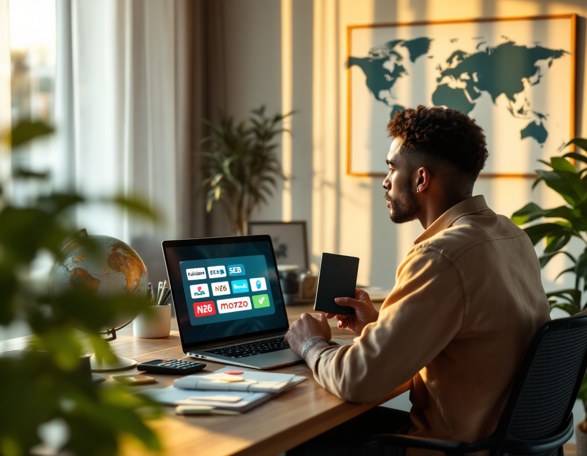 Фрилансер выбирает иностранный банк, изучая документы в домашнем офисе.