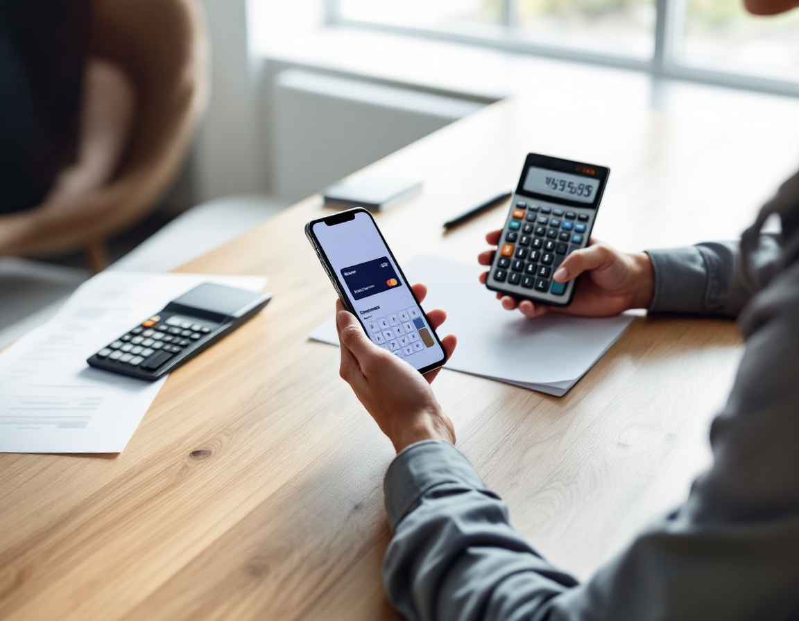 Человек выбирает подходящий калькулятор среди нескольких вариантов на столе в домашнем офисе