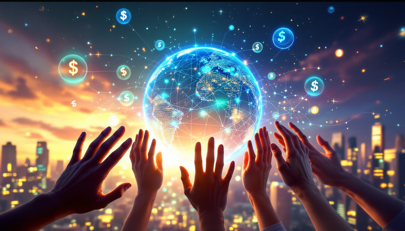 Абстрактное изображение международных платежных систем с глобусом из цифровых потоков и руками разных культур.