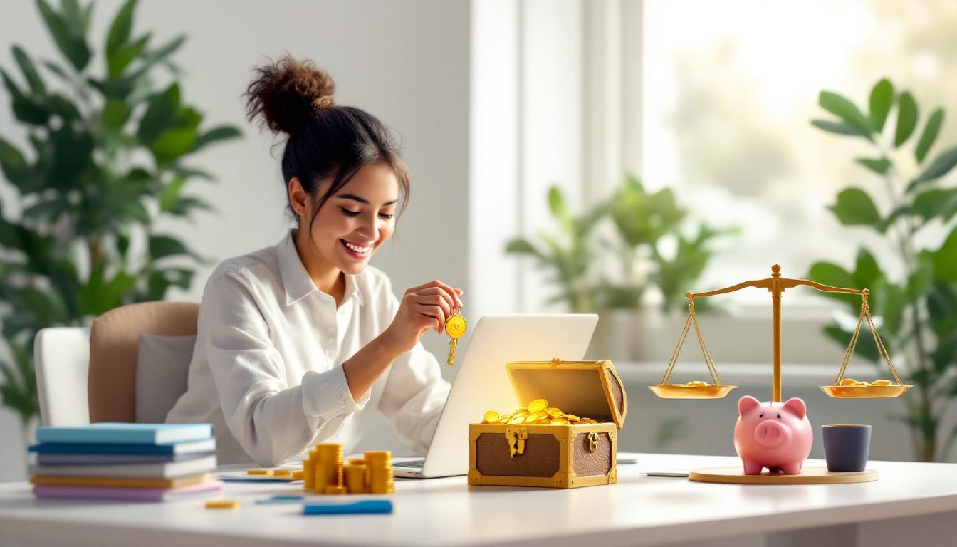 Человек в офисе управляет финансами, балансируя кредиты и сбережения для оптимизации долговой нагрузки.