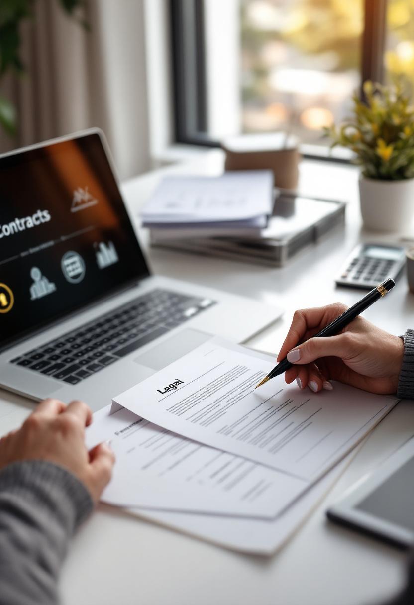 Офисный стол с ноутбуком и юридическими документами, символизирующий легальное оформление финансовых операций.